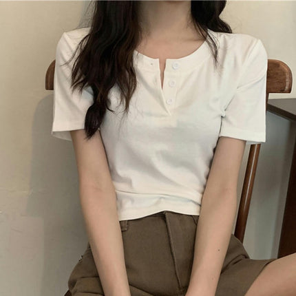 Women's Casual Basic Short Sleeve Tee Slim Fitted Button Round Neck Crop Top