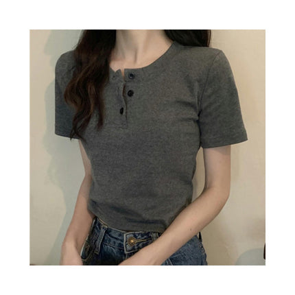 Women's Casual Basic Short Sleeve Tee Slim Fitted Button Round Neck Crop Top