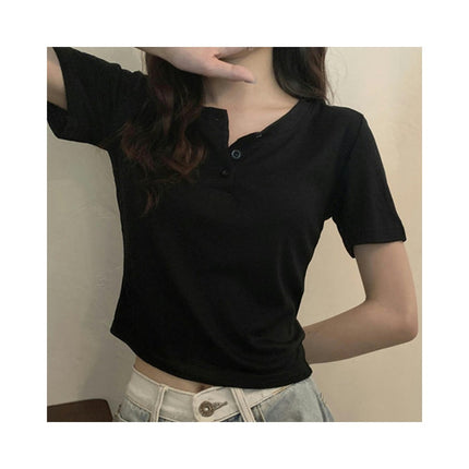 Women's Casual Basic Short Sleeve Tee Slim Fitted Button Round Neck Crop Top