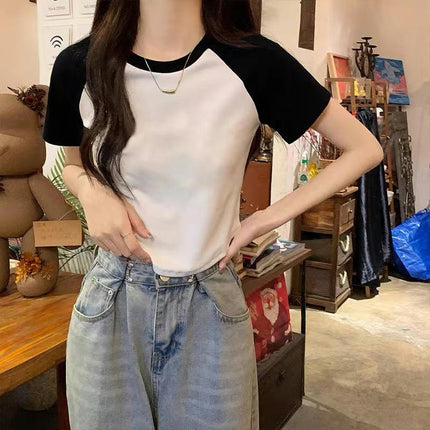 Women's Short Sleeve Crewneck Color Block T Shirt Summer Slim Fit Crop Tops