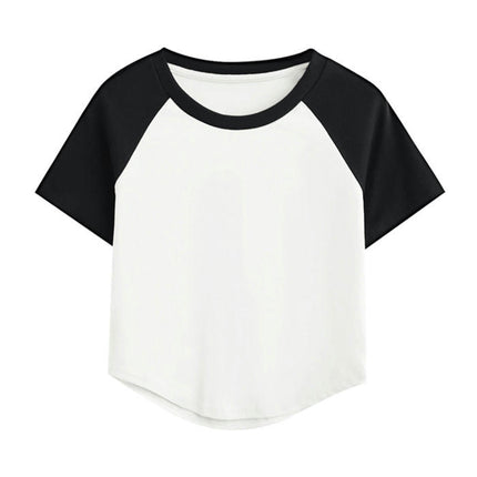 Women's Short Sleeve Crewneck Color Block T Shirt Summer Slim Fit Crop Tops