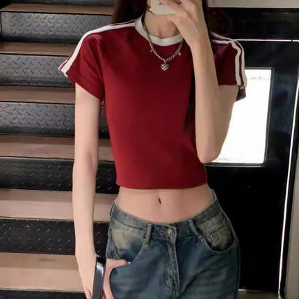 Women's Color Block Short Sleeve Crewneck T Shirt Summer Slim Fit Crop Tops