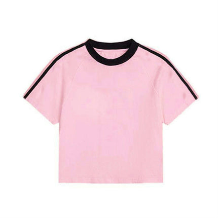 Women's Color Block Short Sleeve Crewneck T Shirt Summer Slim Fit Crop Tops