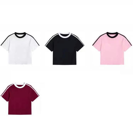 Women's Color Block Short Sleeve Crewneck T Shirt Summer Slim Fit Crop Tops