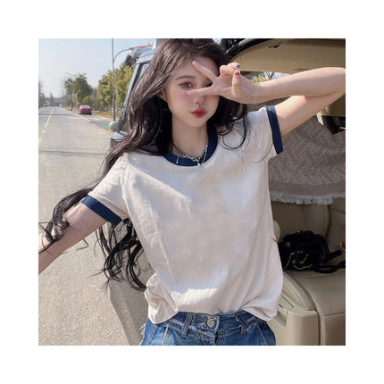 Women's Color Block T Shirts Short Sleeve Round Neck Summer Tee Tops