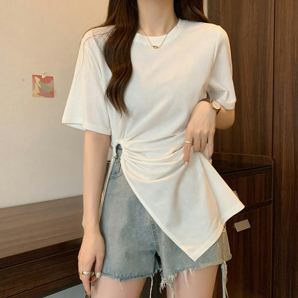 Women's Crew Neck Short Sleeve T Shirts Side Split Slim Fit Summer Tops