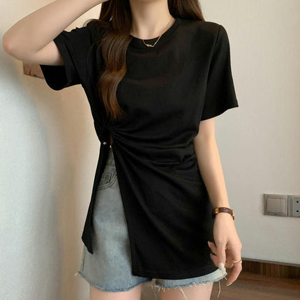 Women's Crew Neck Short Sleeve T Shirts Side Split Slim Fit Summer Tops