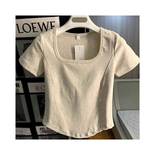 Womens Square Neck Tees Summer Short Sleeve Slim Fit T Shirt Going Out Crop Tops