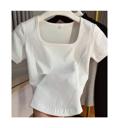 Womens Square Neck Tees Summer Short Sleeve Slim Fit T Shirt Going Out Crop Tops