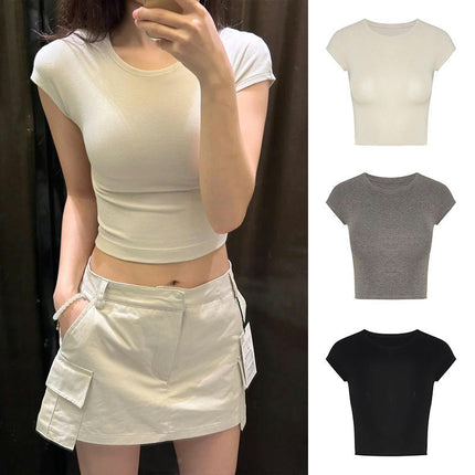 Womens Basic T-Shirts Round Neck Short Sleeve Crop Tops Summer Slim Fit Tees