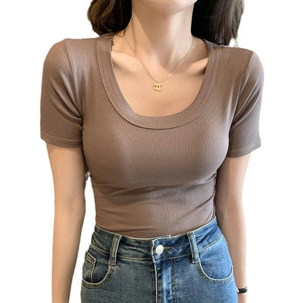 Women's Summer Casual Scoop Neck Short Sleeve T-Shirts Ribbed Slim Fit Basic Crop Top