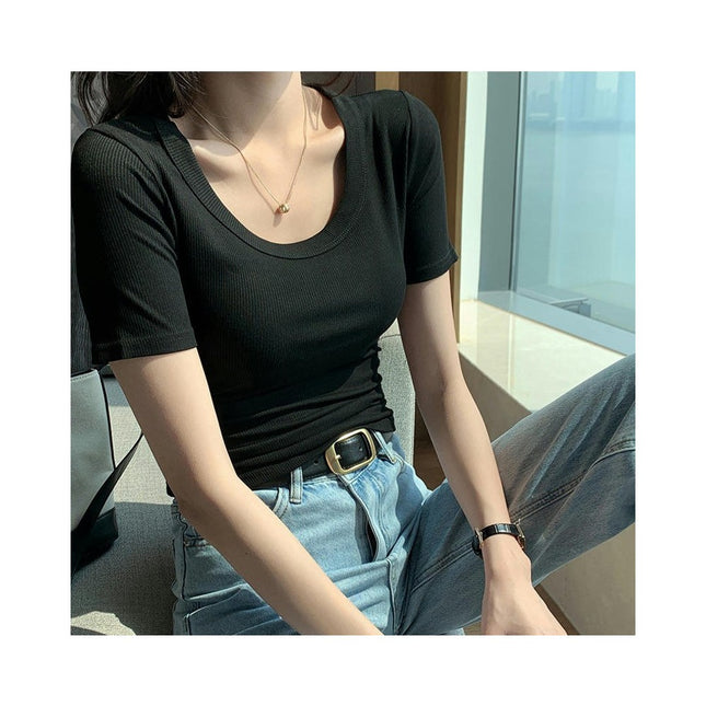 Women's Summer Casual Scoop Neck Short Sleeve T-Shirts Ribbed Slim Fit Basic Crop Top