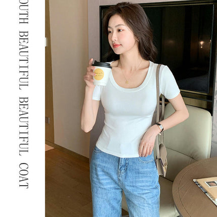 Women's Summer Casual Scoop Neck Short Sleeve T-Shirts Ribbed Slim Fit Basic Crop Top