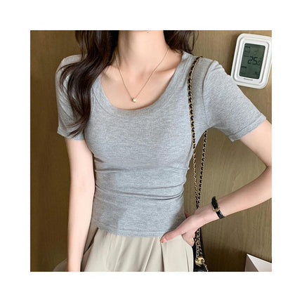 Women's Summer Casual Scoop Neck Short Sleeve T-Shirts Ribbed Slim Fit Basic Crop Top