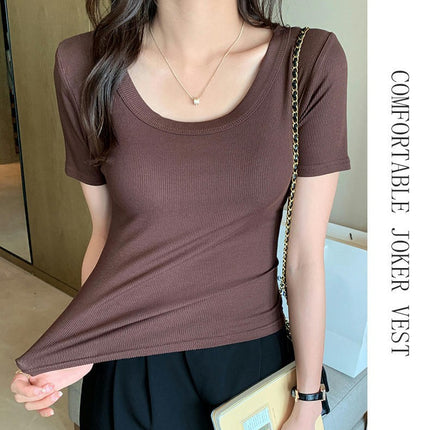 Women's Summer Casual Scoop Neck Short Sleeve T-Shirts Ribbed Slim Fit Basic Crop Top