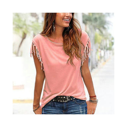 Women's Tassel Short Sleeve Round Neck T-Shirt Top Casual Summer Tee