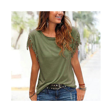 Women's Tassel Short Sleeve Round Neck T-Shirt Top Casual Summer Tee