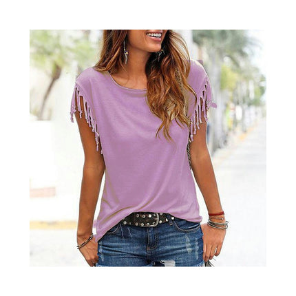 Women's Tassel Short Sleeve Round Neck T-Shirt Top Casual Summer Tee