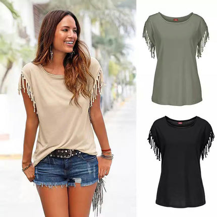 Women's Tassel Short Sleeve Round Neck T-Shirt Top Casual Summer Tee