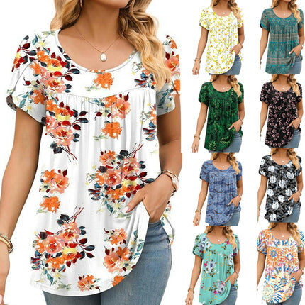 Women's Casual Short Sleeve Pleated Round Neck Printed Loose Shirt Tops