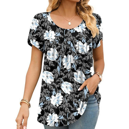 Women's Casual Short Sleeve Pleated Round Neck Printed Loose Shirt Tops