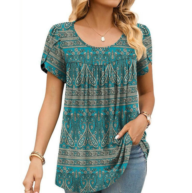 Women's Casual Short Sleeve Pleated Round Neck Printed Loose Shirt Tops