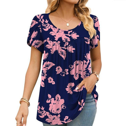 Women's Casual Short Sleeve Pleated Round Neck Printed Loose Shirt Tops