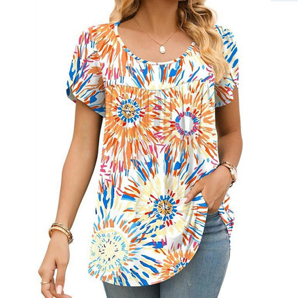 Women's Casual Short Sleeve Pleated Round Neck Printed Loose Shirt Tops