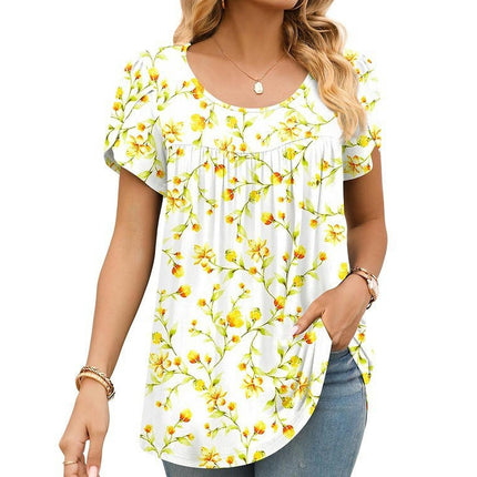 Women's Casual Short Sleeve Pleated Round Neck Printed Loose Shirt Tops