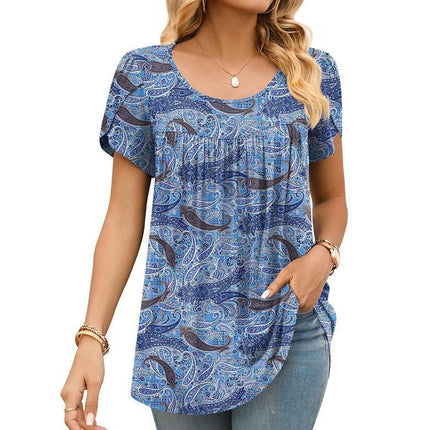 Women's Casual Short Sleeve Pleated Round Neck Printed Loose Shirt Tops