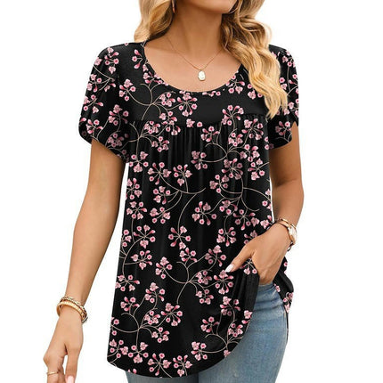 Women's Casual Short Sleeve Pleated Round Neck Printed Loose Shirt Tops