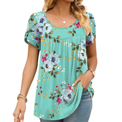 Women's Casual Short Sleeve Pleated Round Neck Printed Loose Shirt Tops