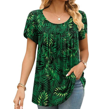 Women's Casual Short Sleeve Pleated Round Neck Printed Loose Shirt Tops