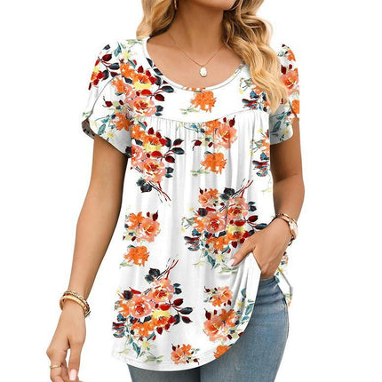 Women's Casual Short Sleeve Pleated Round Neck Printed Loose Shirt Tops