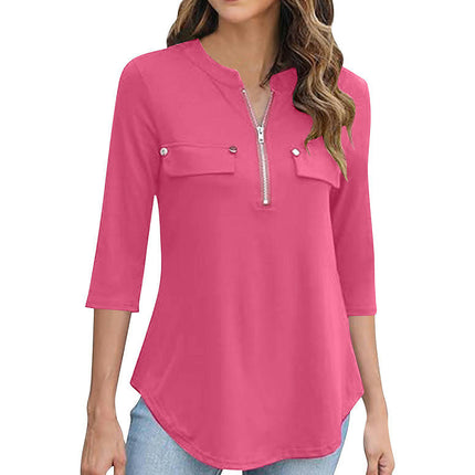 Women's Zip Front V-Neck 3/4 Sleeve Tunic Casual Top