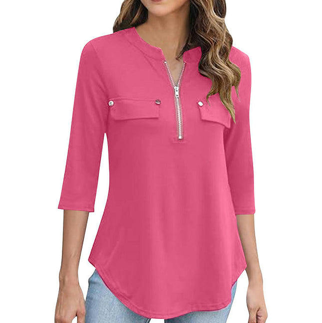 Women's Zip Front V-Neck 3/4 Sleeve Tunic Casual Top