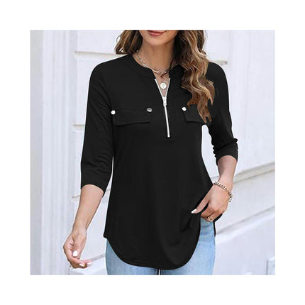 Women's Zip Front V-Neck 3/4 Sleeve Tunic Casual Top