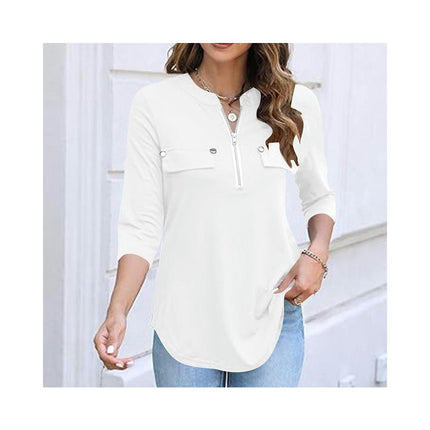 Women's Zip Front V-Neck 3/4 Sleeve Tunic Casual Top