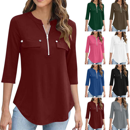 Women's Zip Front V-Neck 3/4 Sleeve Tunic Casual Top