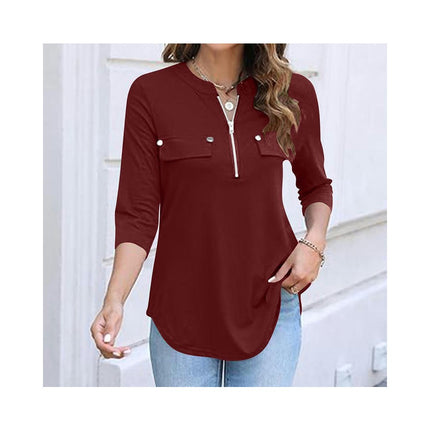 Women's Zip Front V-Neck 3/4 Sleeve Tunic Casual Top