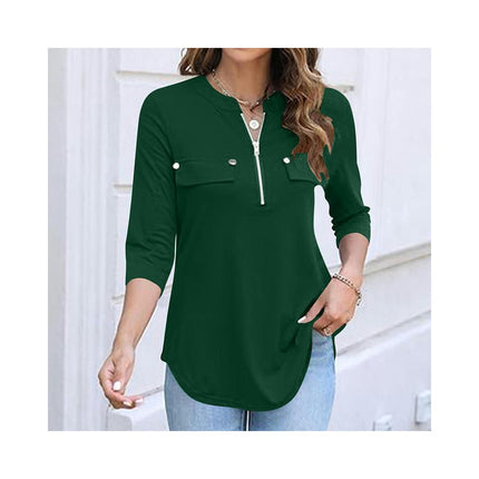 Women's Zip Front V-Neck 3/4 Sleeve Tunic Casual Top