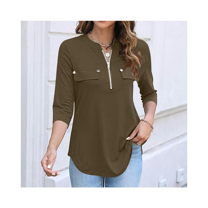 Women's Zip Front V-Neck 3/4 Sleeve Tunic Casual Top