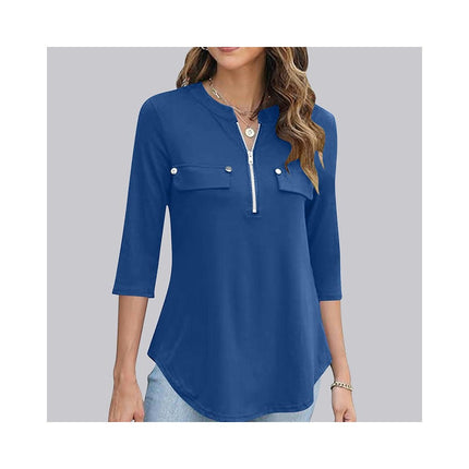 Women's Zip Front V-Neck 3/4 Sleeve Tunic Casual Top