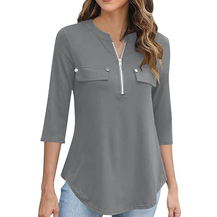 Women's Zip Front V-Neck 3/4 Sleeve Tunic Casual Top