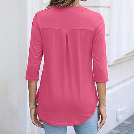 Women's Zip Front V-Neck 3/4 Sleeve Tunic Casual Top