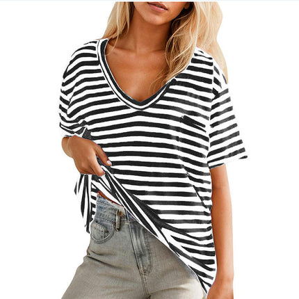 Women Striped Short Sleeve Tee Shirt V Neck Color Block Casual Loose Fit Summer Top