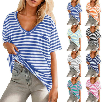 Women Striped Short Sleeve Tee Shirt V Neck Color Block Casual Loose Fit Summer Top