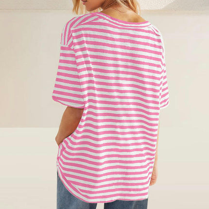 Women Striped Short Sleeve Tee Shirt V Neck Color Block Casual Loose Fit Summer Top