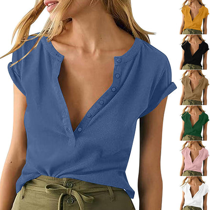 Summer Tops for Women Short Sleeve Button V Neck Casual Loose T Shirt