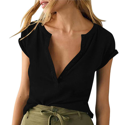 Summer Tops for Women Short Sleeve Button V Neck Casual Loose T Shirt